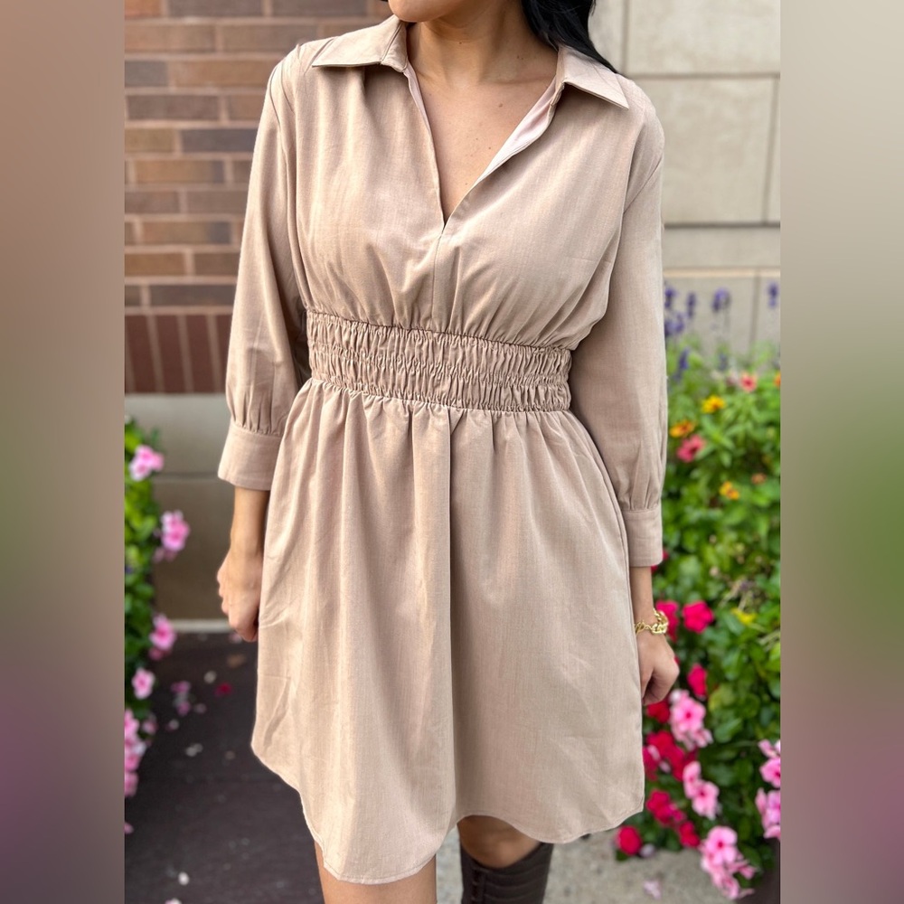 Smocked Waist V-Neck Dress | Tan Size Medium